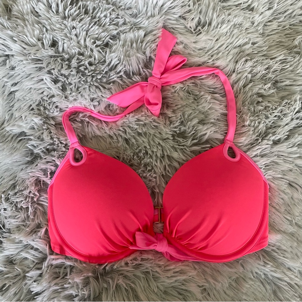 Victoria’s Secret Push Up Hot Pink Bikini Top Halter Style Size 34D Tie Neck
